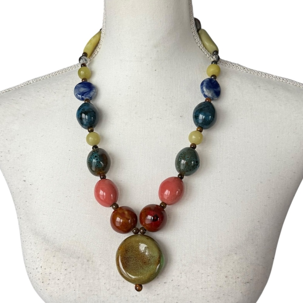 Chunky Multicolor Beaded large stone Necklace bohemian natural artsy hippie bold